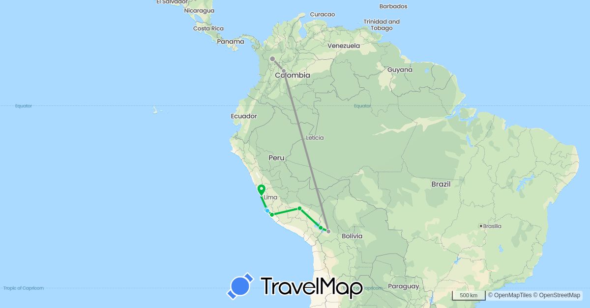 TravelMap itinerary: bus, plane, boat in Bolivia, Colombia, Peru (South America)